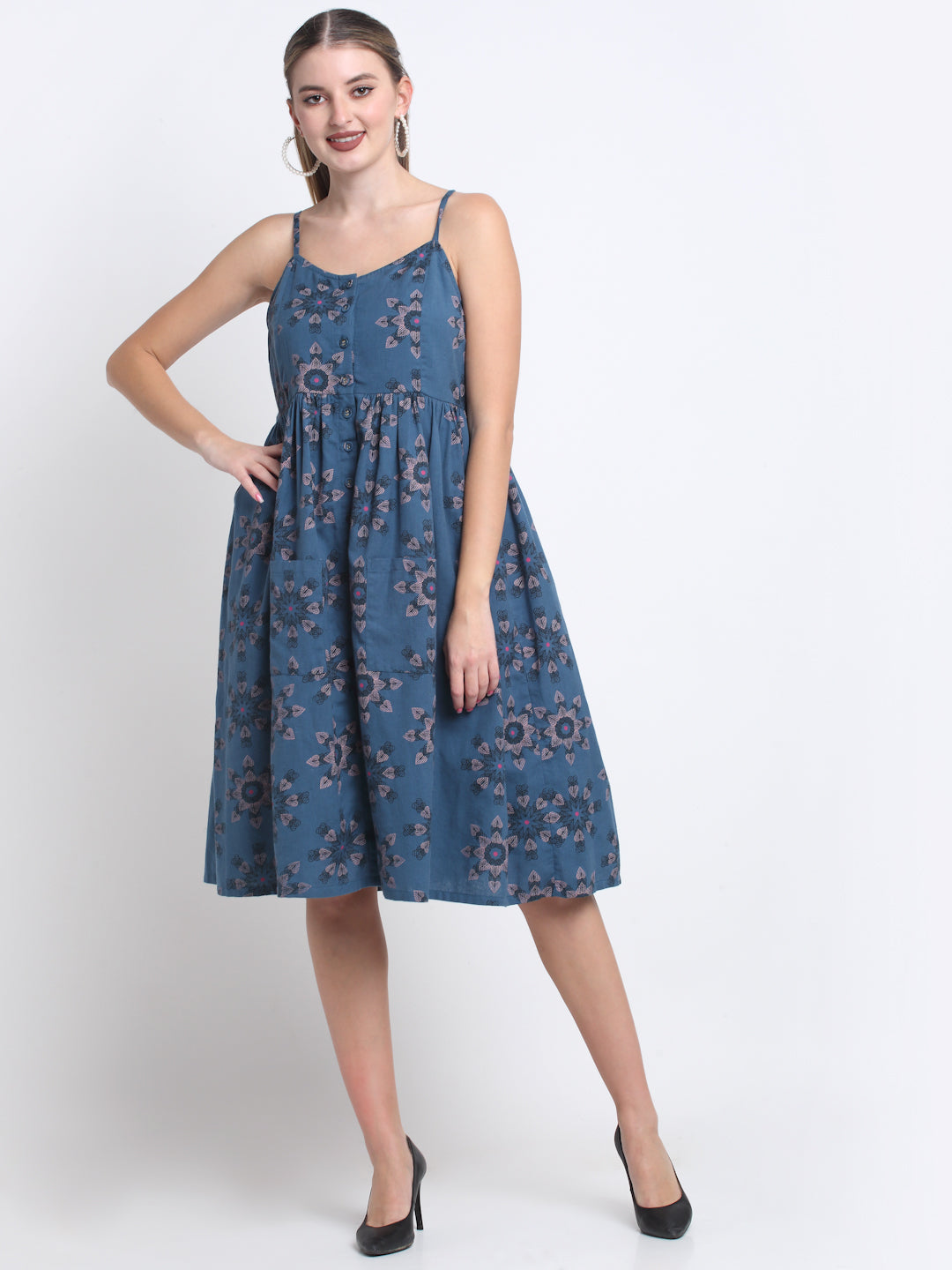 Teal Floral Cotton Knee Length Midi Dress FAABRIQ Teal Floral Cotton Knee Length Midi Dress FAABRIQ