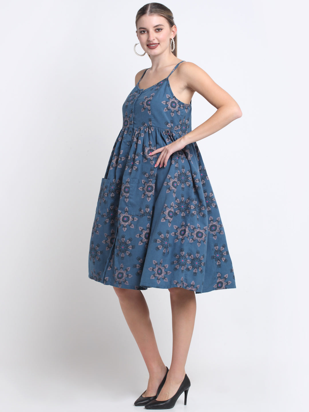 Teal Floral Cotton Knee Length Midi Dress