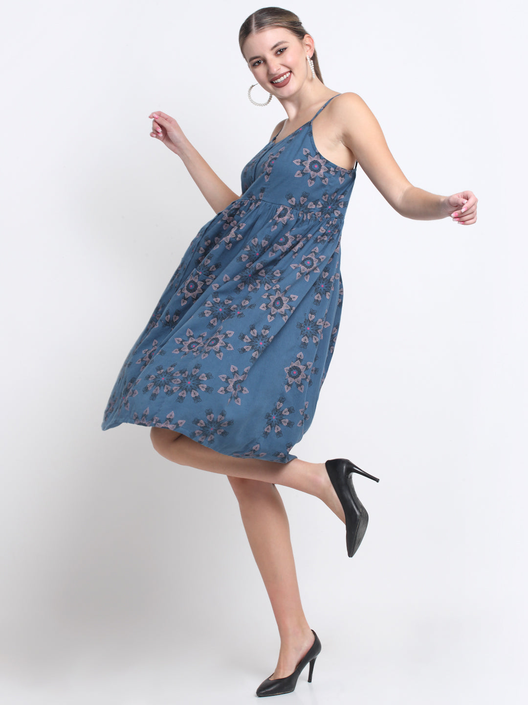 Teal Floral Cotton Knee Length Midi Dress
