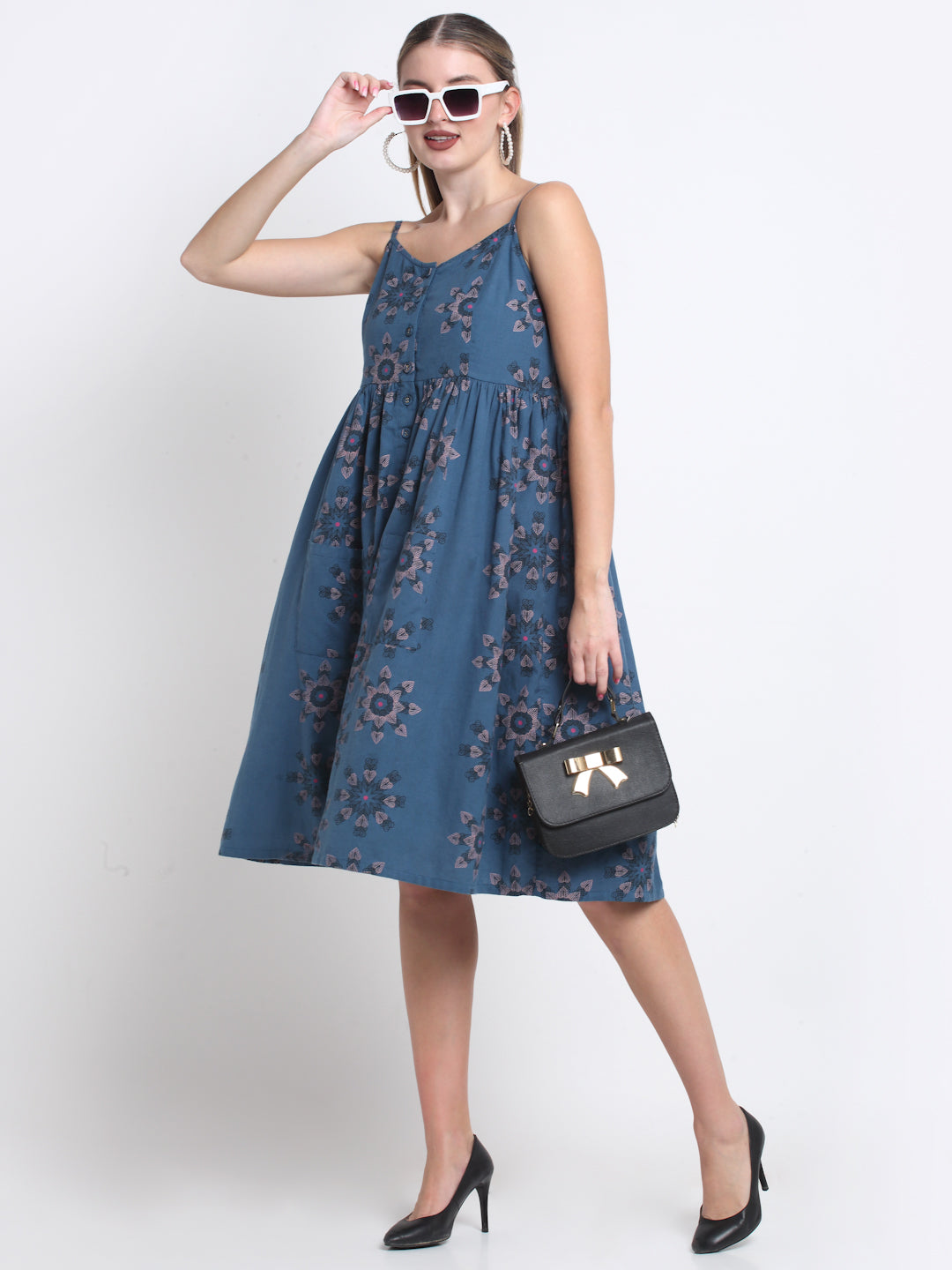 Teal Floral Cotton Knee Length Midi Dress