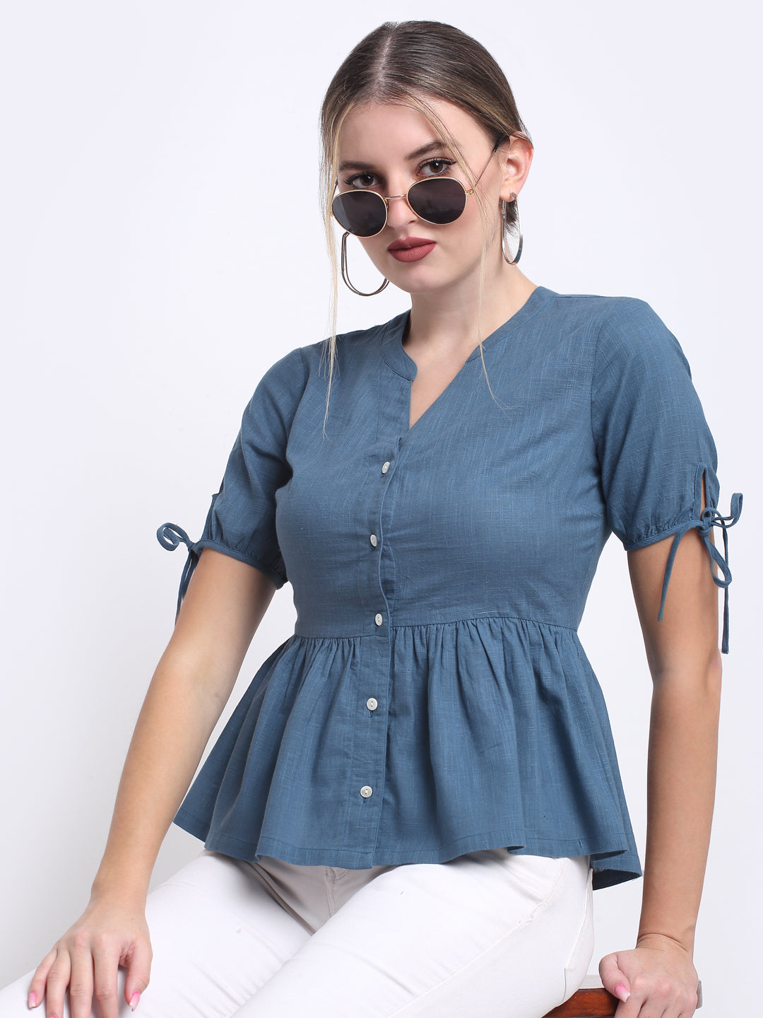 Teal Cotton Button Down Top