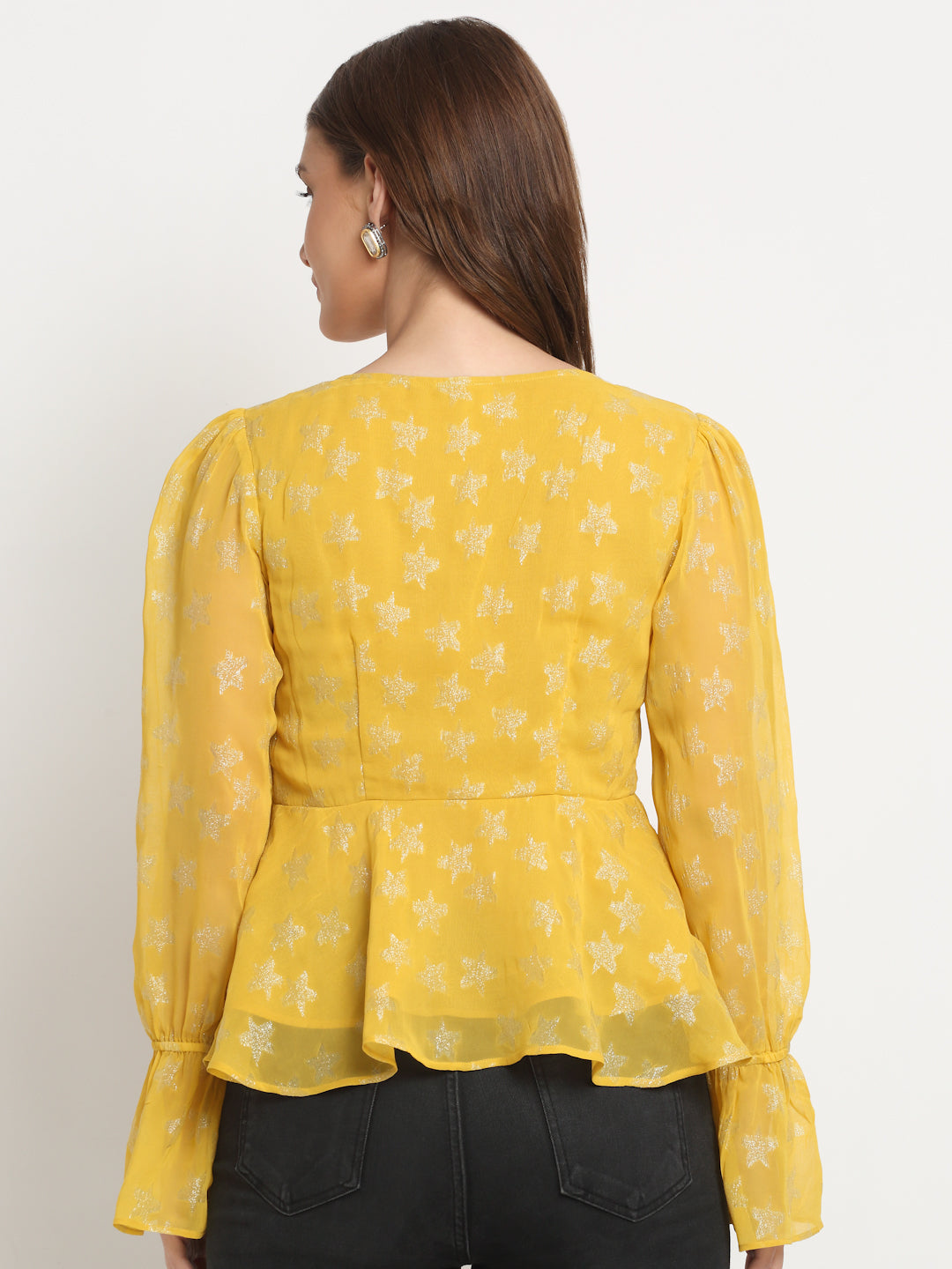 Yellow Long Sleeve V Neck Lurex Crop Tops