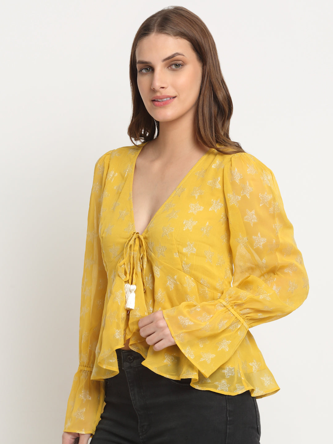 Yellow Long Sleeve V Neck Lurex Crop Tops
