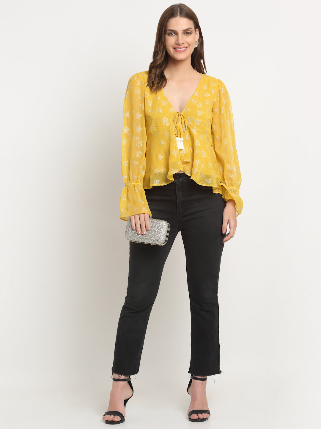 Yellow Long Sleeve V Neck Lurex Crop Tops