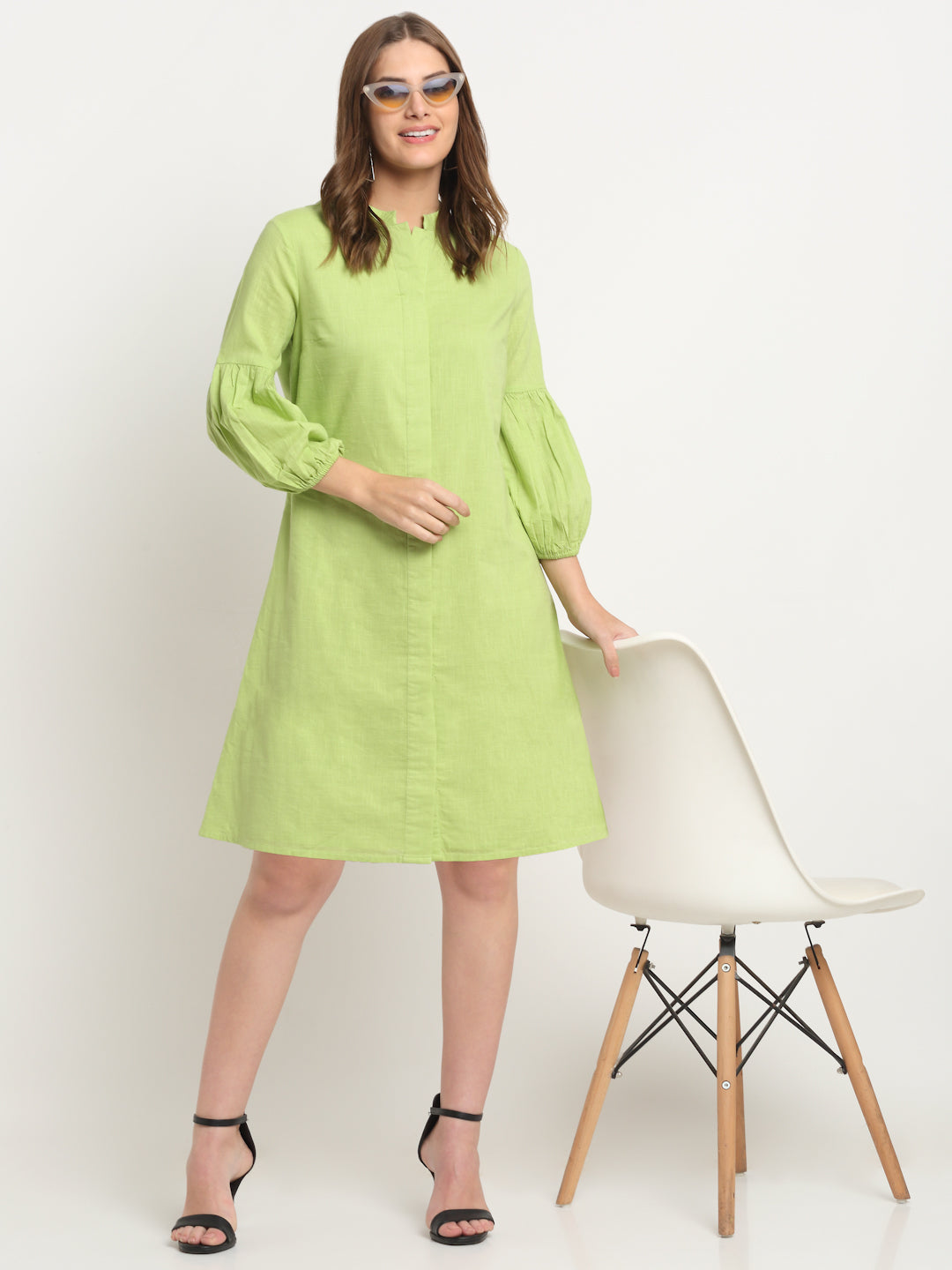 Green Cotton Slub Printed Calf Length Dress FAABRIQ Green Cotton Slub Printed Calf Length Dress FAABRIQ