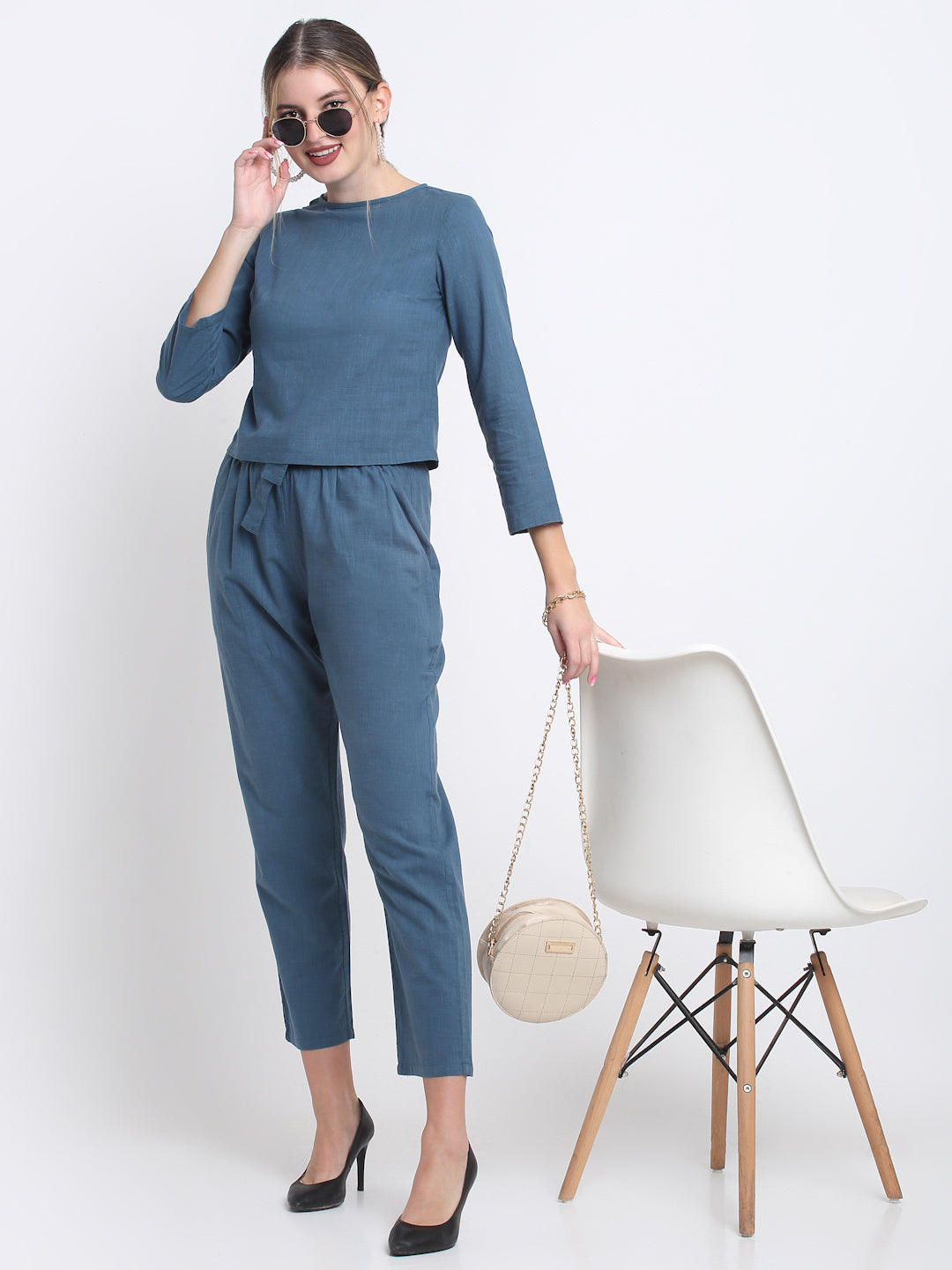 Teal Solid Cotton Linen Pant Set