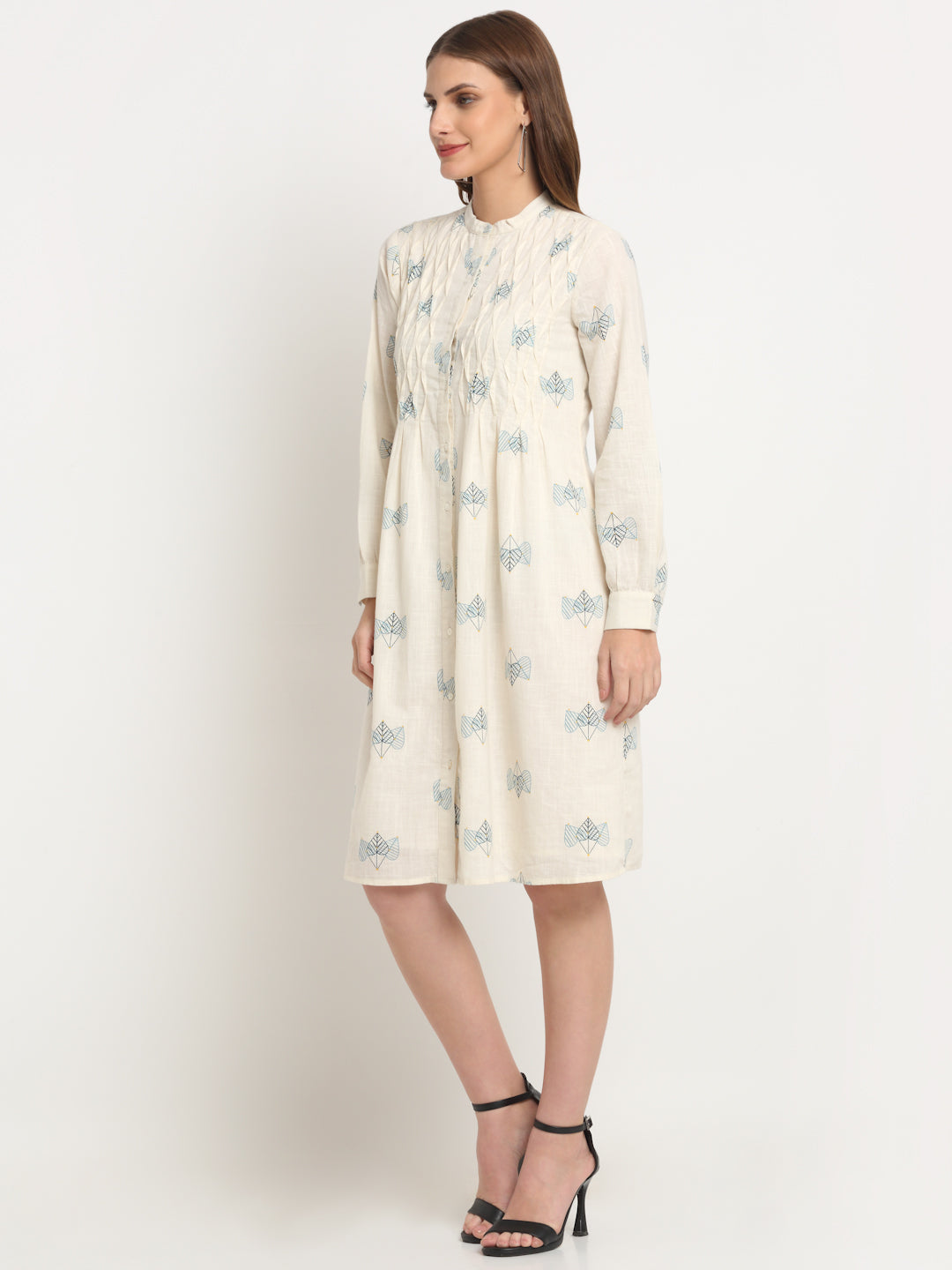 Ivory Printed Solid Cotton Linen Short Dress