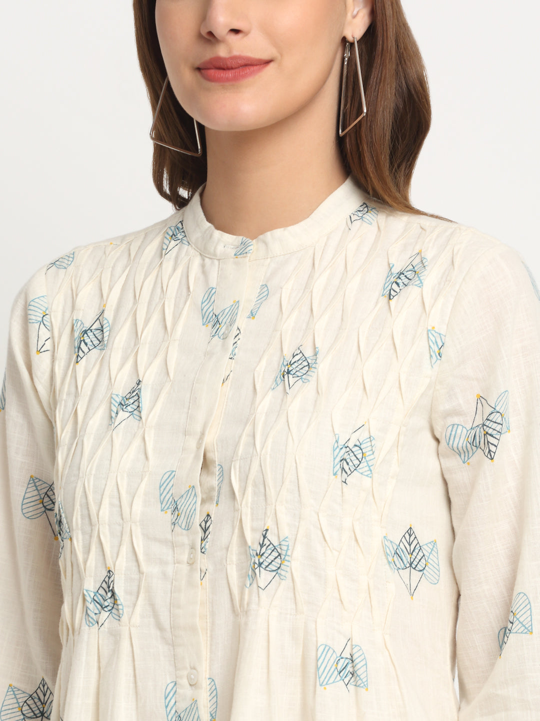 Ivory Printed Solid Cotton Linen Short Dress