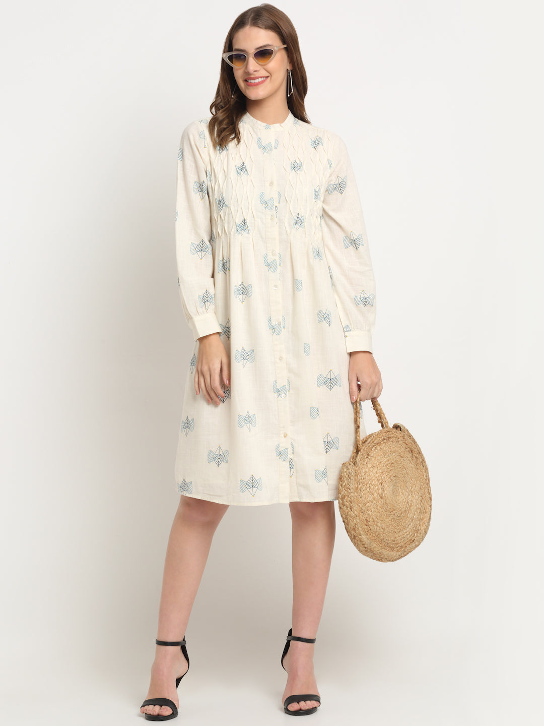 Ivory Printed Solid Cotton Linen Short Dress