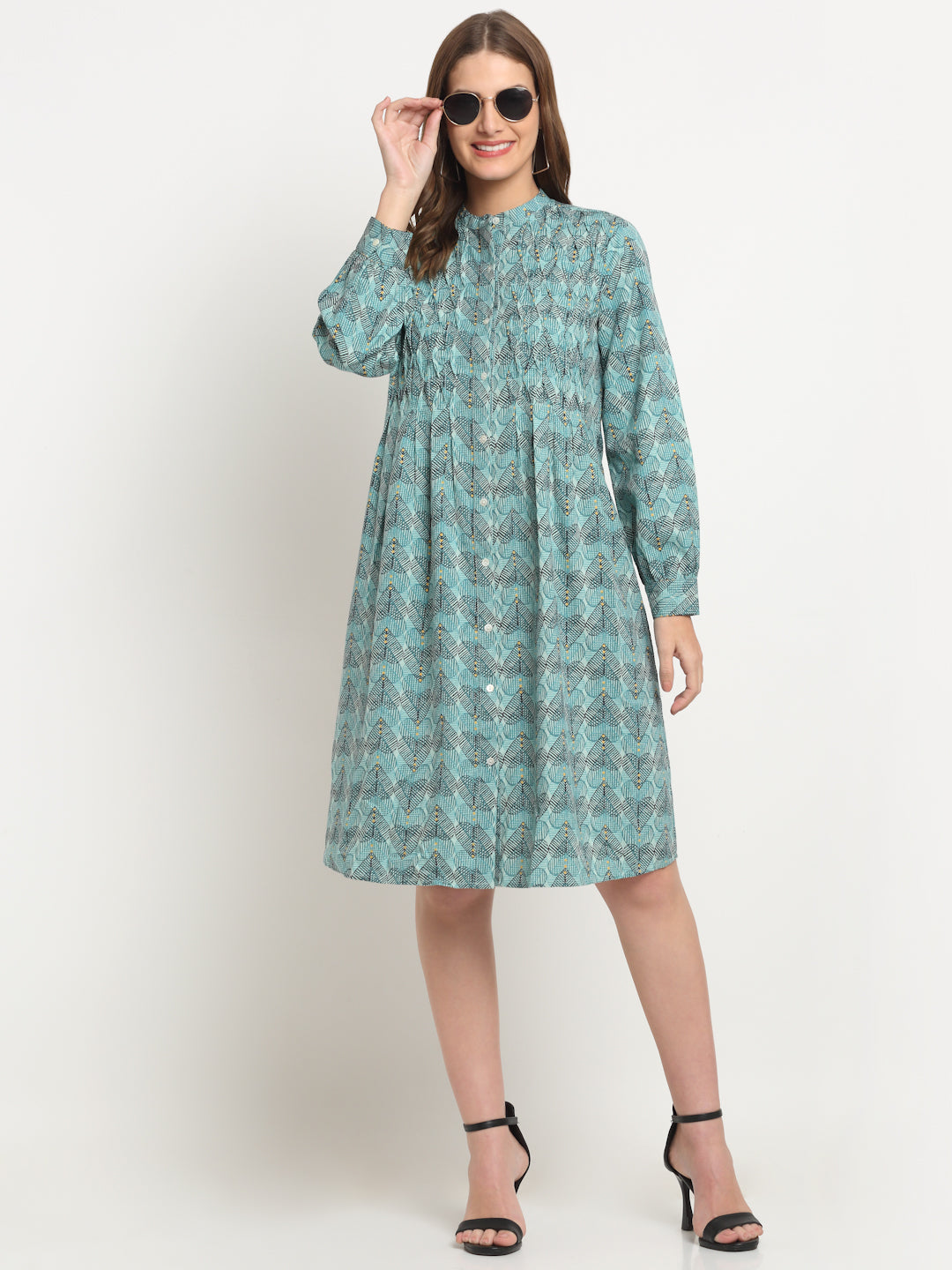 Aqua Printed Solid Cotton Linen Short Dress FAABRIQ Aqua Printed Solid Cotton Linen Short Dress FAABRIQ