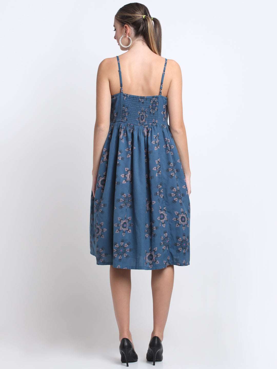 Teal Floral Cotton Knee Length Midi Dress