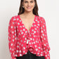 Fuschia Long Sleeve V Neck Lurex Crop Tops