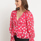 Fuschia Long Sleeve V Neck Lurex Crop Tops