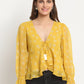 Yellow Long Sleeve V Neck Lurex Crop Tops