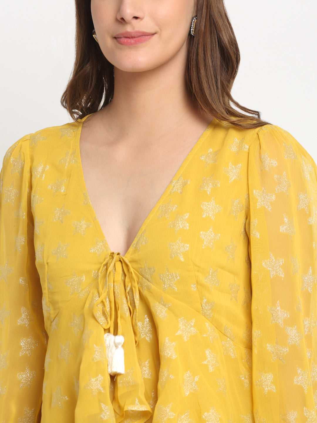 Yellow Long Sleeve V Neck Lurex Crop Tops