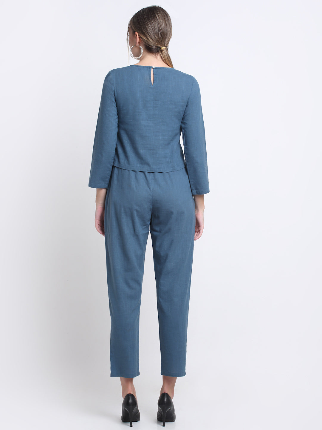 Teal Solid Cotton Linen Pant Set