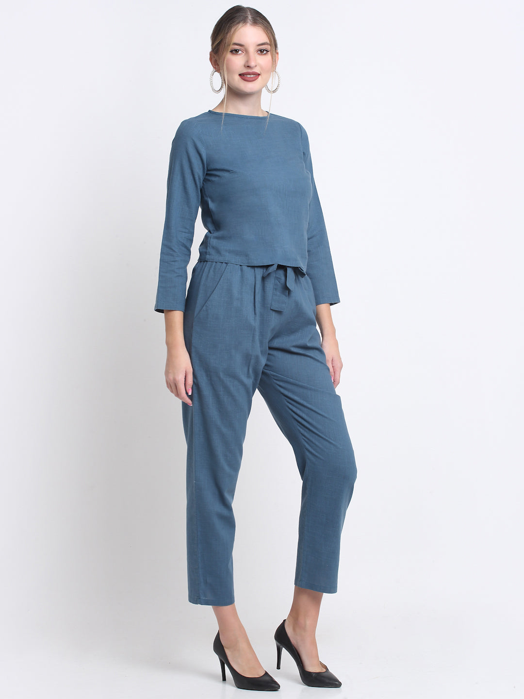 Teal Solid Cotton Linen Pant Set